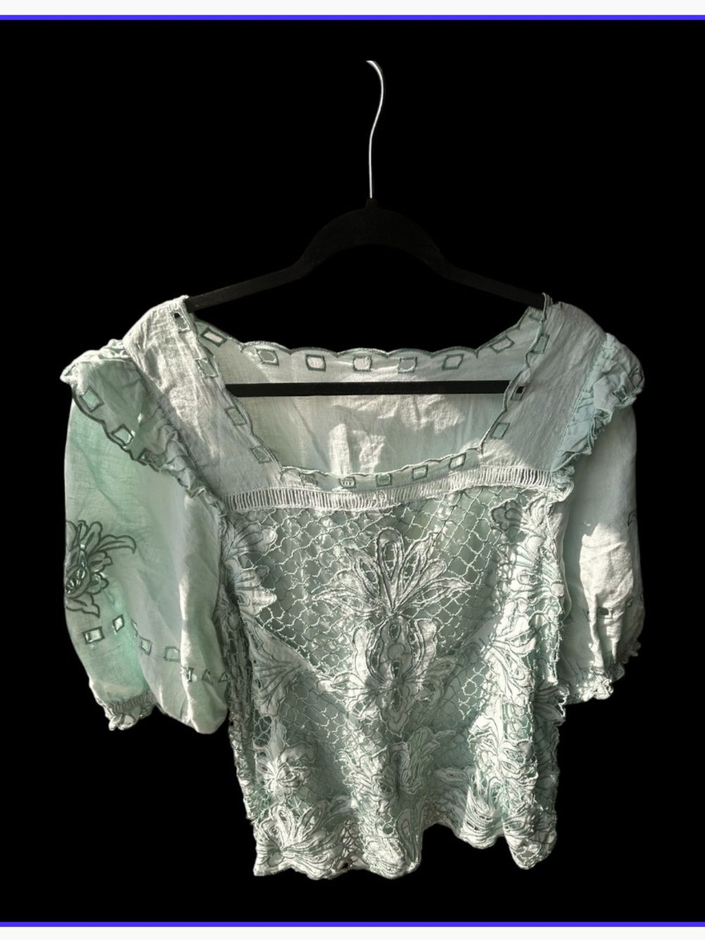 Sundance Mint Green Embroidered Square-Neck Blouse